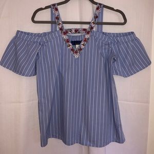 Blue/White Striped Cold Shoulder Top w Embroidery
